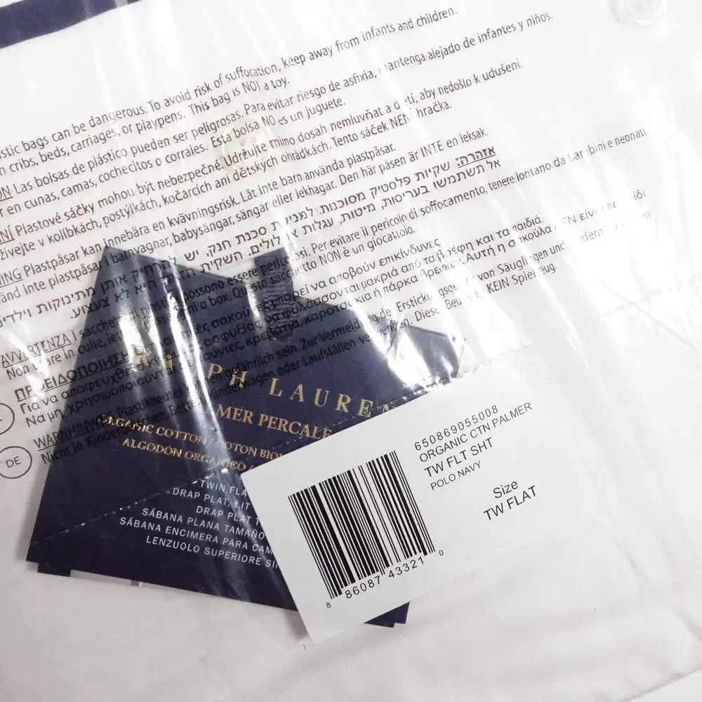 Ralph Lauren Organic Cotton Percale Palmer Twin Flat Sheet White/Polo Navy $125